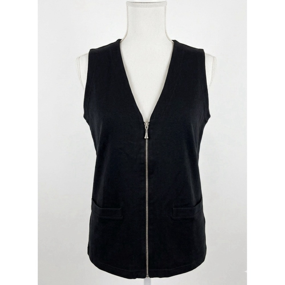 Lizsport VTG 90s Black Ribbed Knit Vest Zip Front Sleeveless Top Pockets Size M